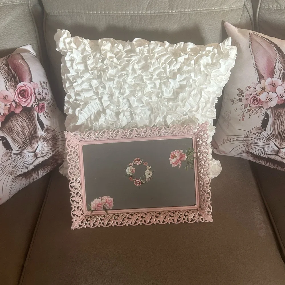 Gorgeous Vintage Pink Roses Brass metal glass serving or Vanity Tray Upcycled